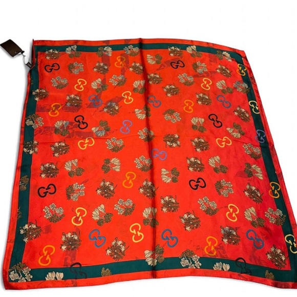 Gucci Red and Green Floral Silk Scarf - Picture 1 of 2